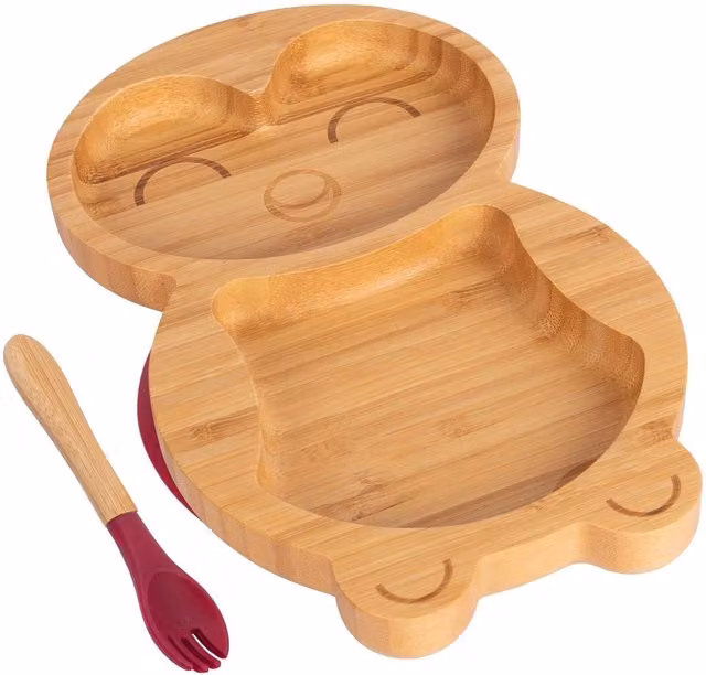 Tiny Dining Bamboo Divided Toddler Weaning Plate and Fork Set, Penguin Design, Red and Brown