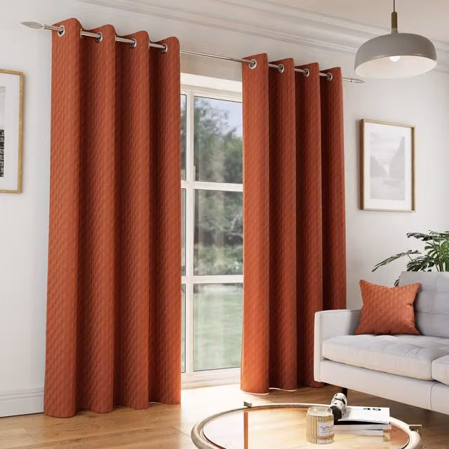 Enhanced Living Tokyo Orange Velvet Embossed Eyelet Thermal Darkening Curtains, W: 183 cm, H: 229 cm