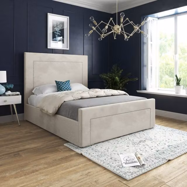 KDMD Minimalist Upholstered Velvet Bed Frame in Beige with Silver Metal Details, W/D/H: 90 x 200 cm