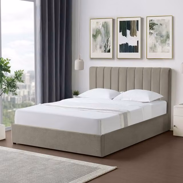 Artemis Home Evelynne Upholstered Fabric Kingsize Ottoman Bed Frame with Storage, Brown/Beige, W: 150 cm, D: 200 cm