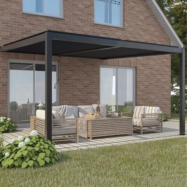 Primrose Living Modern Aluminium Wall Mounted Lean-to Veranda with Louvered Shutter Roof in Anthracite