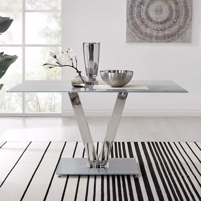 FurnitureboxUK Florini Modern Rectangular Dining Table with Grey Glass and Metal Central Column