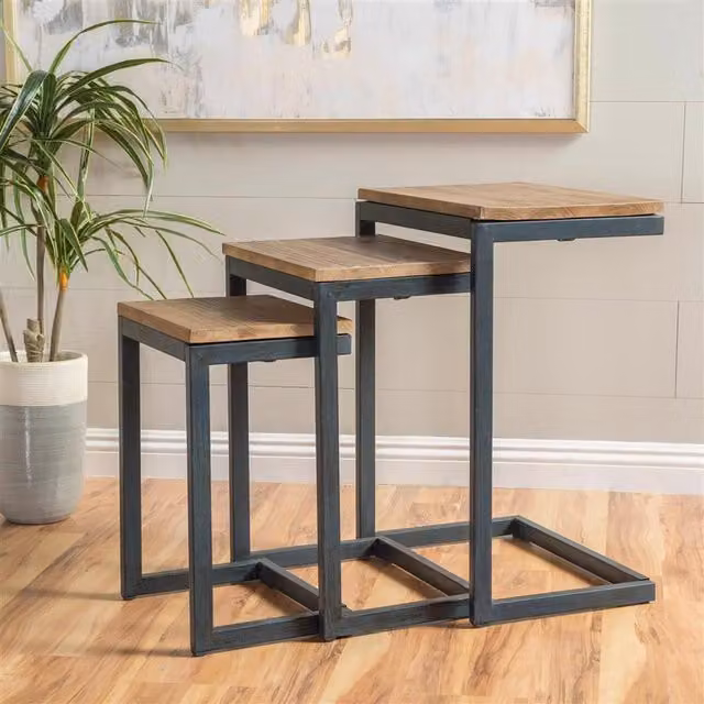 FWStyle Urban Design Modern Nest of 3 Firewood Metal Nesting Tables in Brown