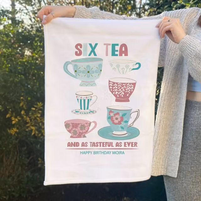 Afewhometruths Personalised Six Tea 60th Birthday Gift Tea Towel in White, W: 60 cm