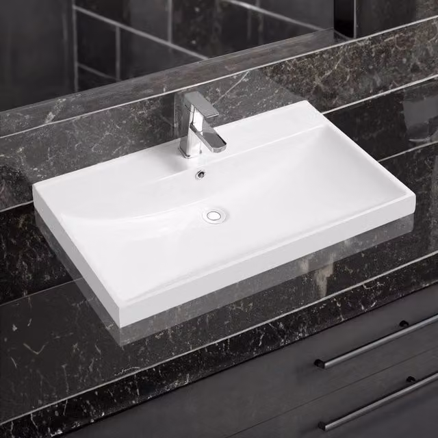 Limoge 5409 White Ceramic Rectangular Inset Bathroom Basin, W: 80 cm, D: 46 cm, H: 16.5 cm