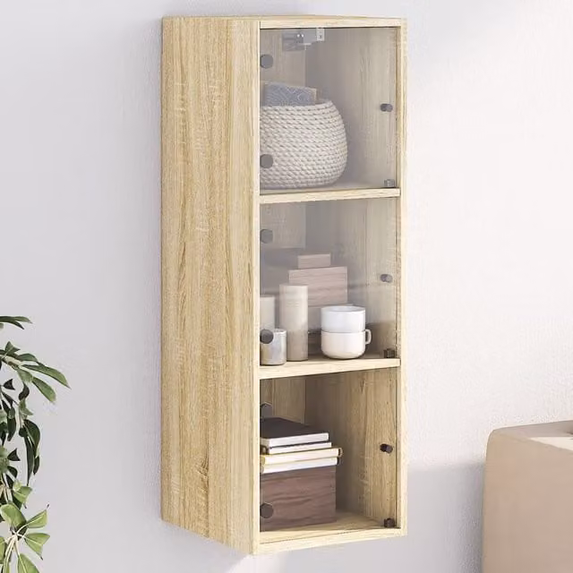 Berkfield Home Wall Cabinet with Glass Doors in Sonoma Oak Brown, W/D/H: 35 x 37 x 100 cm