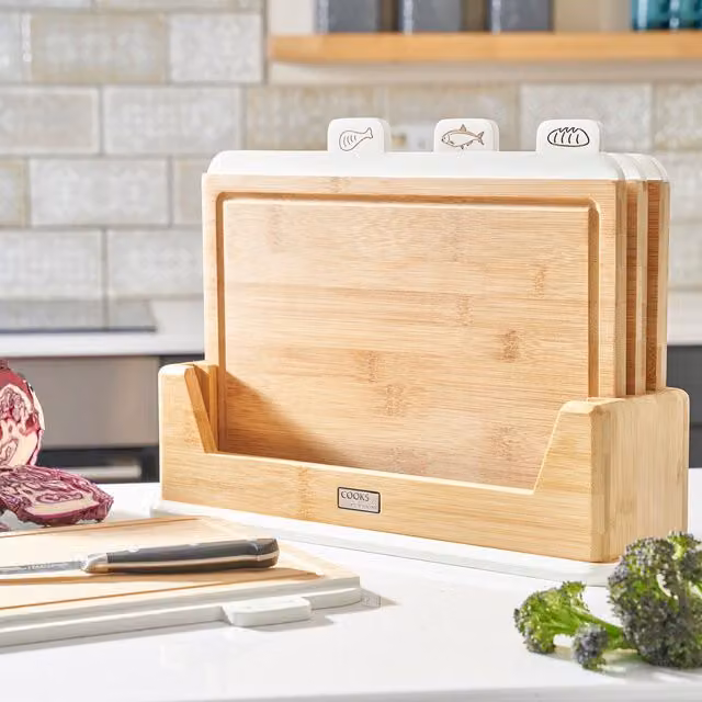 Cooks Professional Set of 4 White Bamboo Index Chopping Boards with Stand and Food Type Tabs