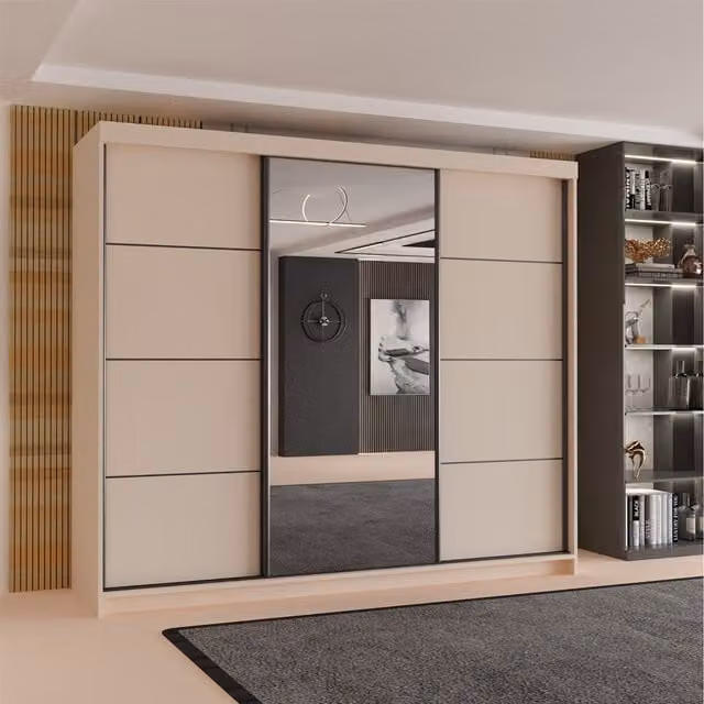 Sliding Wardrobes 4 u Modern 3 Door Sliding Mirror Wardrobe with Internal Drawers and Shelves in White, Brown or Beige
