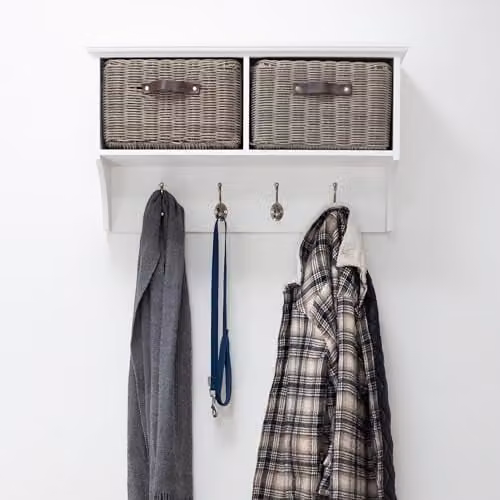 Statement Furniture Tetbury Wall Mounted Coat Rack with Hanging Shelf and Washable Baskets in White and Grey