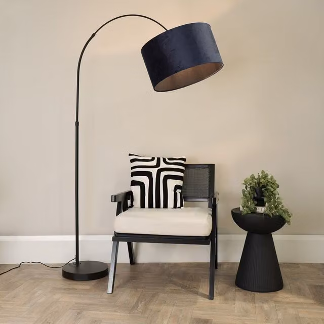 ValueLights Louis Black Arched Curved Floor Lamp with Navy Blue Velvet Drum Shade and LED Bulb