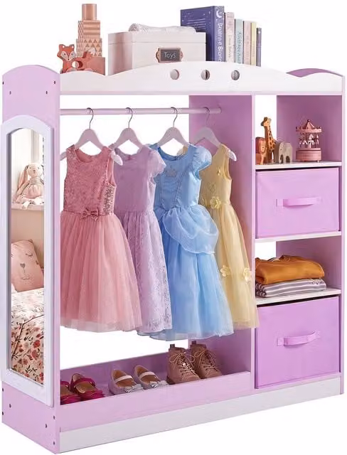 CASART Kids Dress Up Storage Wooden Wardrobe Closet with Full Length Mirror and Integrated Drawers, Pink