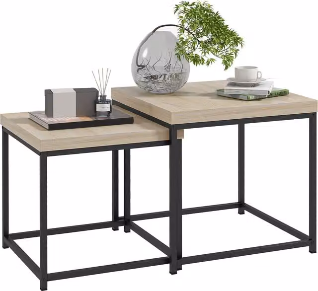 HOMCOM Nest of 2 Coffee Tables in Oak with 3.5cm Thick Composite Tops
