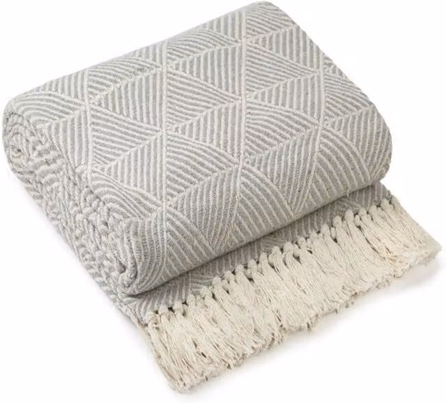 New Edge Blinds Geo Diamond Collection Geometric Woven Cotton Throw in Grey, W: 228 cm, D: 254 cm