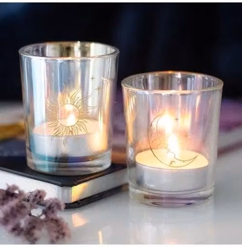 KDMD Iridescent Sun and Moon Glass Votive Tealight Holders in Transparent and Gold