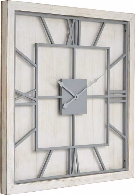 KDMK Modern Square Metal and Wood Analog Wall Clock in White and Grey