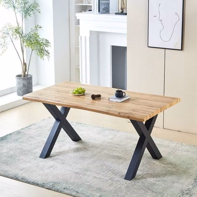 HomeTouch Weston Live Edge Dining Table in Natural Oak Wood Veneer and Walnut, Brown