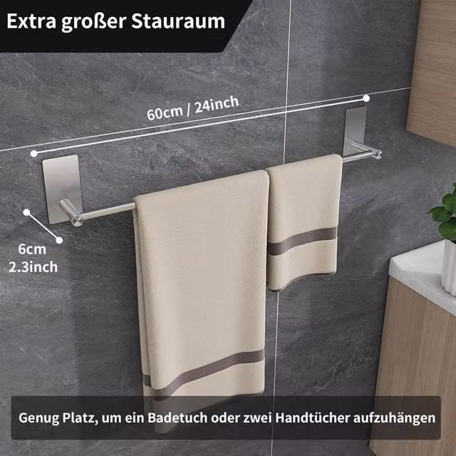 EONLION Adhesive No Drilling Stainless Steel Towel Holder Rail Bar in Silver, W: 180 cm, H: 180 cm