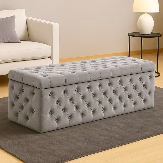 R&M Furnishers Wide Lux Chesterfield Ottoman Storage Box in Silver Velvet