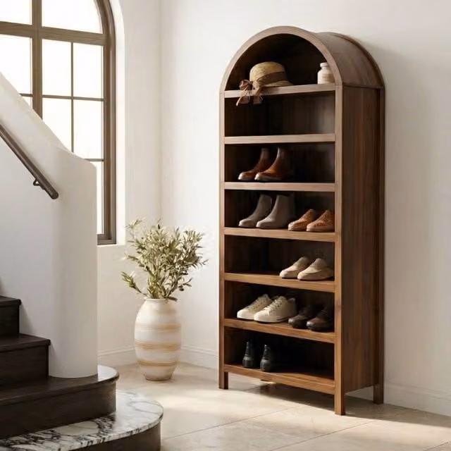 Wyld and Coco Modern Brown MDF Wall Mounted Shoe Storage Cabinet with Doors and Open Shelves