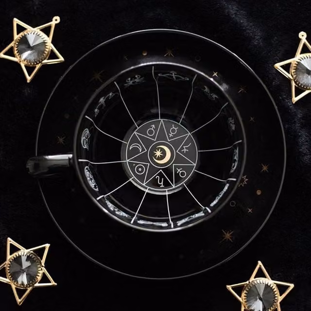 Uniqueful Astrology Fortune Telling Ceramic Teacup with Saucer in Black, White and Gold, 550ml