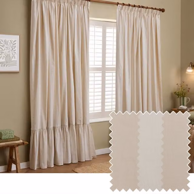 Make It A Home Birdie Stripe Fully Lined Ruffle Pencil Pleat Curtain Pair in Oat-Milk Beige and Orange, Height: 183 cm, Width: 117 cm
