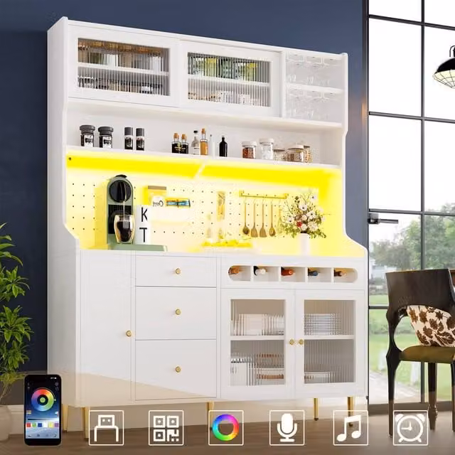 Rolipo Modern White Glossy Highboard Cabinet with Glass Sliding Doors, Integrated LED Lighting, Internal Shelves, Bottle Rack and Glass Holder