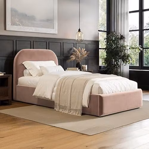 Flair Furnishings Alba Single Ottoman Bed Frame with Storage and Curved Headboard in Pink Velvet, W/D/H: 90 x 190 x 105 cm