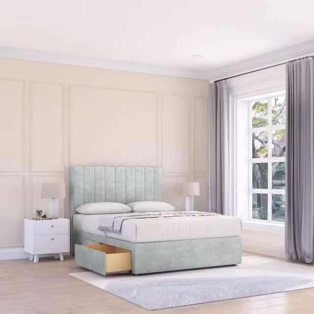 Sloomy Kansas Naples Double Bed Set with 4 Drawers, Mattress and 54 inch Headboard in Silver Fabric