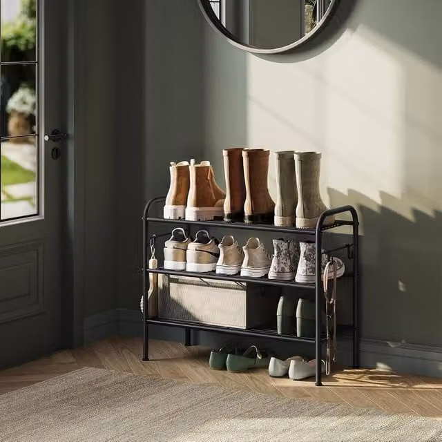 The Bazaarist 3 Tier Adjustable Metal Shoe Rack with Hooks in Matt Black