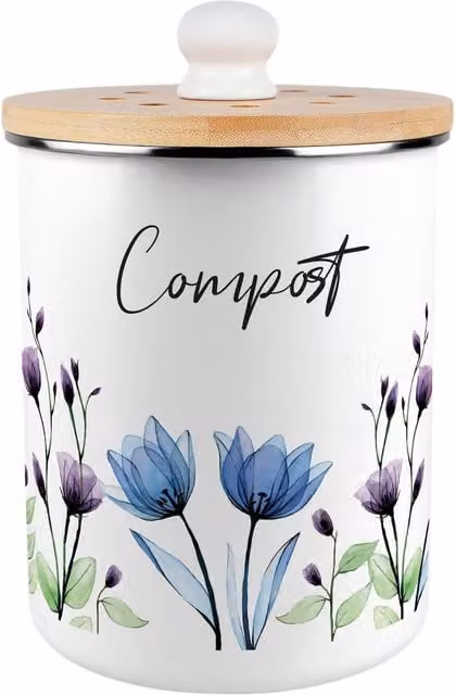Purely Home Blue, Purple and White Floral Enamel Metal Kitchen Compost Caddy with Removable Inner Bucket and Odour Filter, 2L, H 22.5 x W 16.5 x D 22.5 cm
