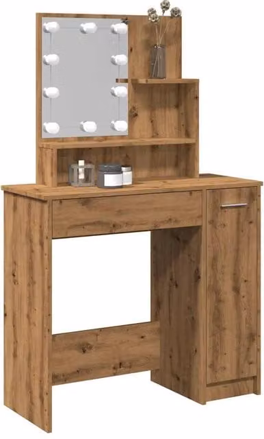 Berkfield Home Modern Dressing Table with LED Hollywood Mirror in Artisan Oak Brown, W/D/H: 86.5 x 35 x 136 cm