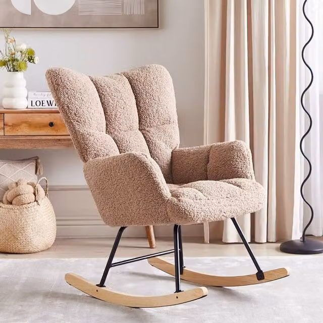 Wyld and Coco Sand Beige Boucle Rocking Chair with Rubberwood Frame