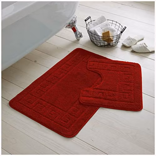 Gaveno Cavailia 2 Piece Greek Bath Set in Red, including Bath Mat and WC Pedestal Mat