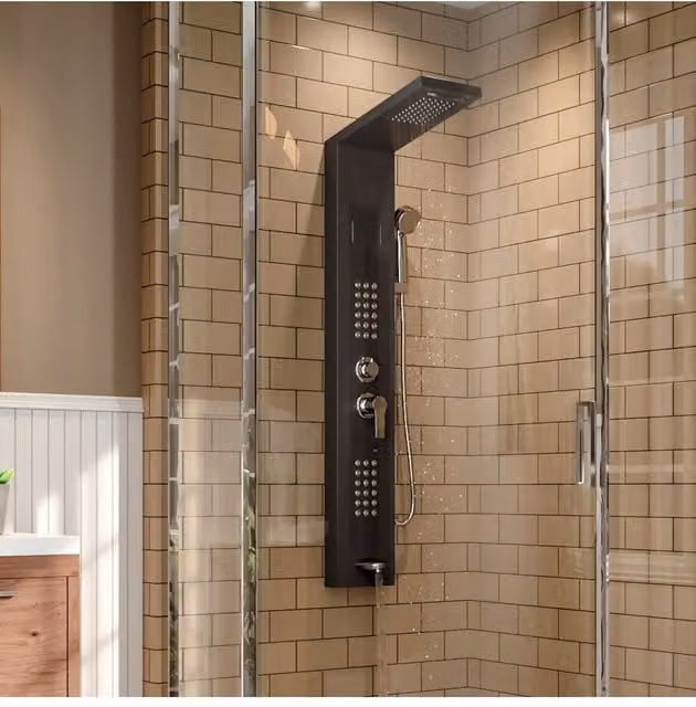 Living and Home Stainless Steel Shower Panel with LED Temperature Display, Hand Shower, Rain and Massage Functions in Matt Black, H: 134.8 cm