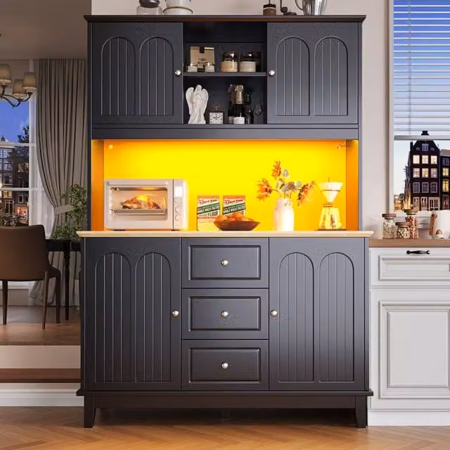 Fascinate Black Modern MDF and Metal Tall Kitchen Dining Cabinet with LED Lighting and 3 Drawers, H 179 cm x W 40 cm x D 40 cm