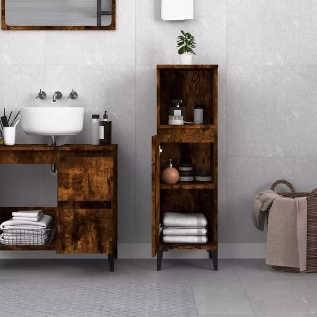 Berkfield Home Smoked Oak Bathroom Cabinet in Brown, W/D/H: 30 x 30 x 100 cm