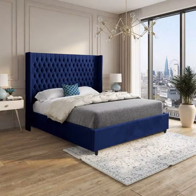 Casani Tickhill Upholstered Designer Bed Frame in Blue Soft Velvet, Size: Double (140 x 200 cm)