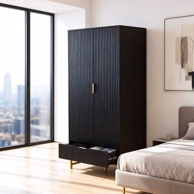 FURNITURE ONE Modern 2-Door Wardrobe Cabinet with Integrated Soft-Close Drawers in Matt Black and Gold