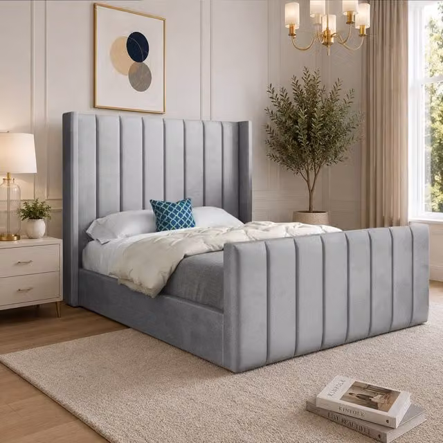 Casani Sherburn Straight Winged Designer Bed Frame in Grey Soft Velvet, Small Double, W/D/H: 137 x 120 x 128 cm