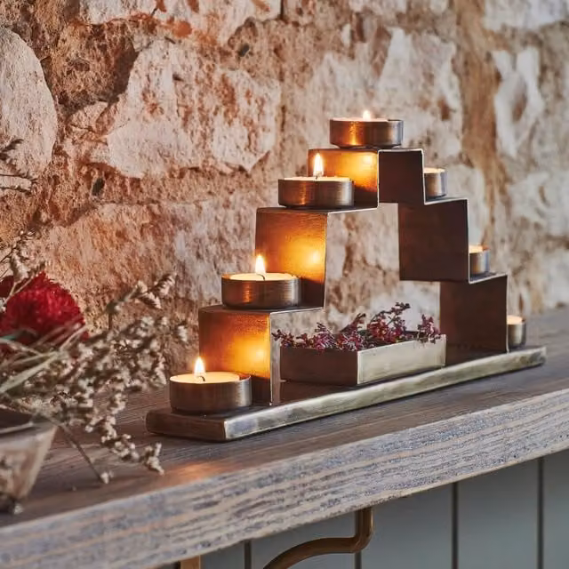 Ivyline Tealight Candle Holder with Decor Box in Gold and Bronze Metal, H16.5 x W35.5 cm