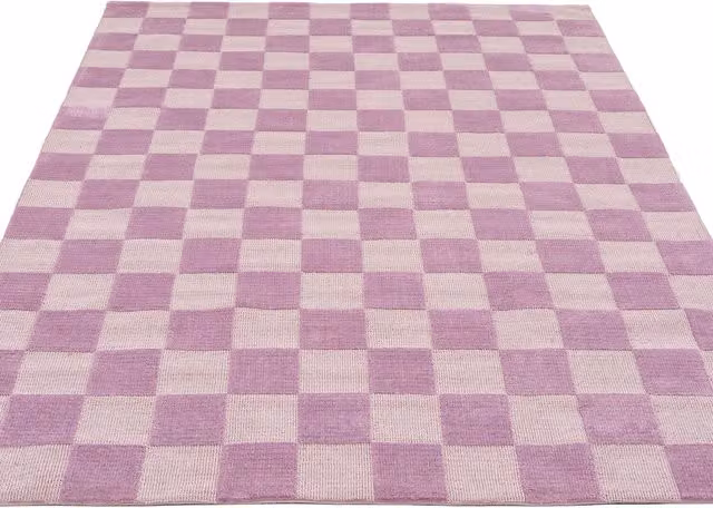 The Rug House Purple Retro Checkerboard Wool Living Area Rug, Purple and Beige, Width: 280 cm