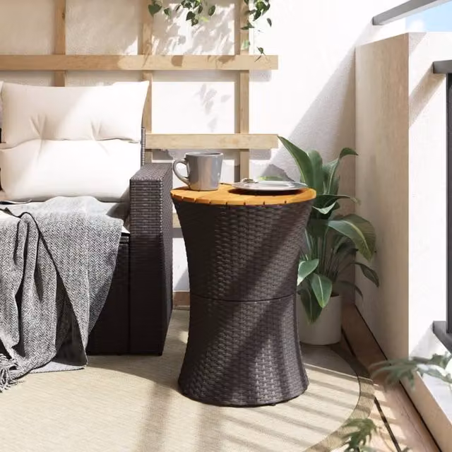 Berkfield Home Round Drum Garden Side Table in Black Poly Rattan and Oiled Acacia Wood, W/D/H: 38 x 38 x 56 cm