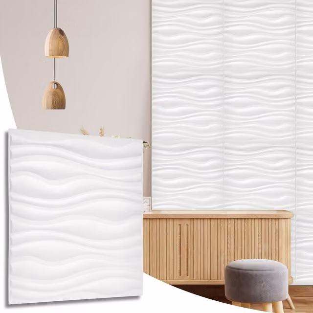 NOVECRAFTO 10 Pack Matte White PVC 3D Wall Panels with Wave Effect Design, W/D/H: 50 x 50 x 0.25 cm