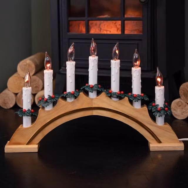 Samuel Alexander Brown Wooden Arch Christmas Candle Bridge with 7 Flickering LED Candles, 42 cm