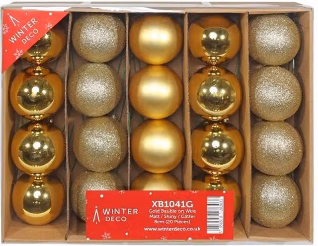 KDMD Gold Christmas Baubles on Wire, Matt Shiny Glitter, 20 Pack