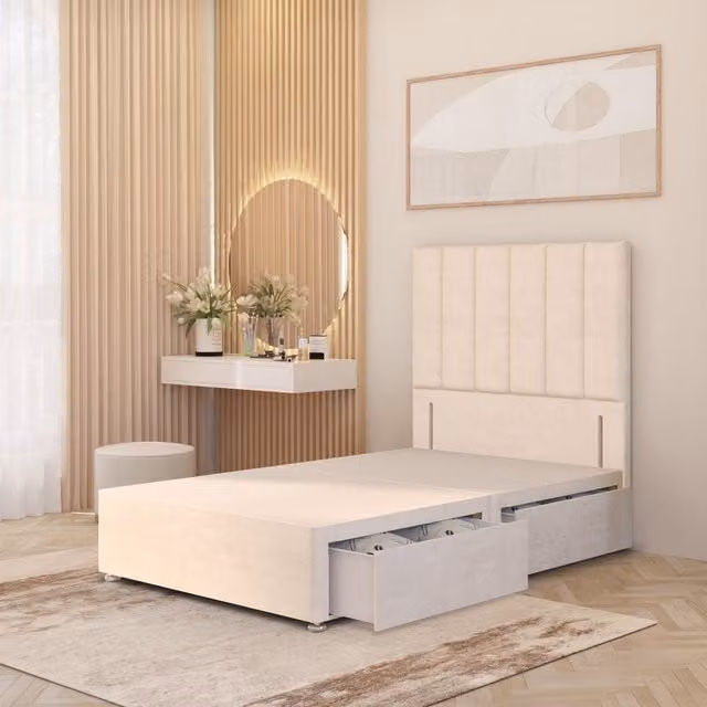 Somnior Beds Ltd Austin Velvet Divan Bed Base with Drawers and Floor Standing Headboard in Ivory, W/D/H: 90 x 190 x 77.5 cm