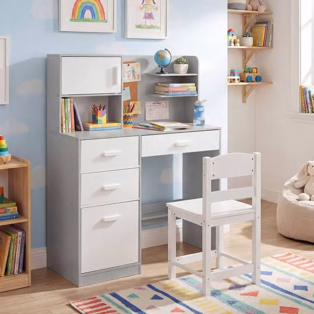 CASART Kids Wooden Study Desk and Chair Set with Hutch in Grey