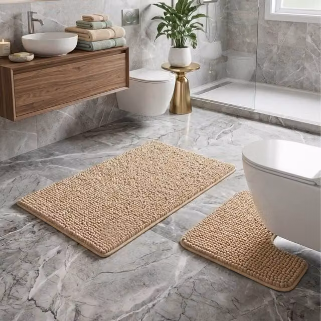 Snug City 2-Piece Chenille Loop Design Bath Mat and WC Pedestal Mat Set, Beige, W: 50 cm x L: 80 cm