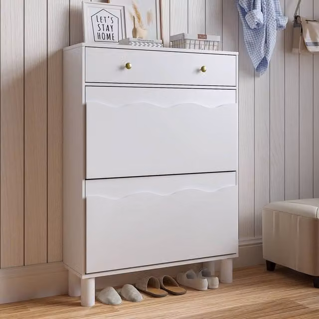 KEEPREAPER Modern White Shoe Cabinet with 2 Tilting Compartments and 1 Pull-Out Drawer