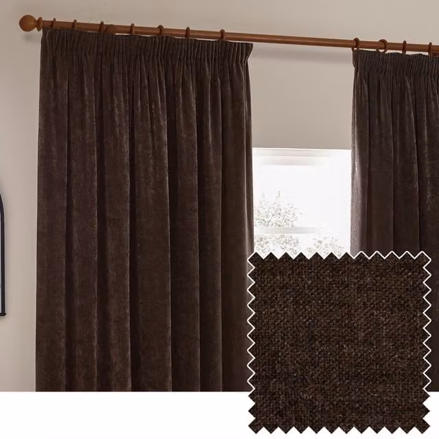 Make It A Home Brown Chenille Velvet Pencil Pleat Opaque Curtains, Width: 183 cm, Height: 183 cm